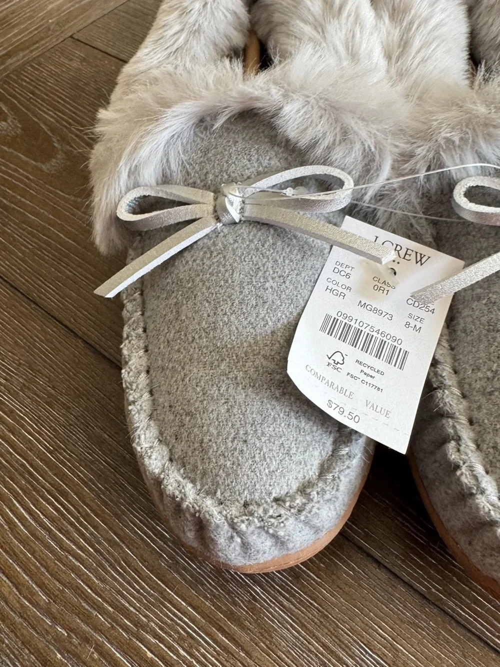 J. Crew Gray Faux-Fur Pom Moccasin Slippers with Tan Sole